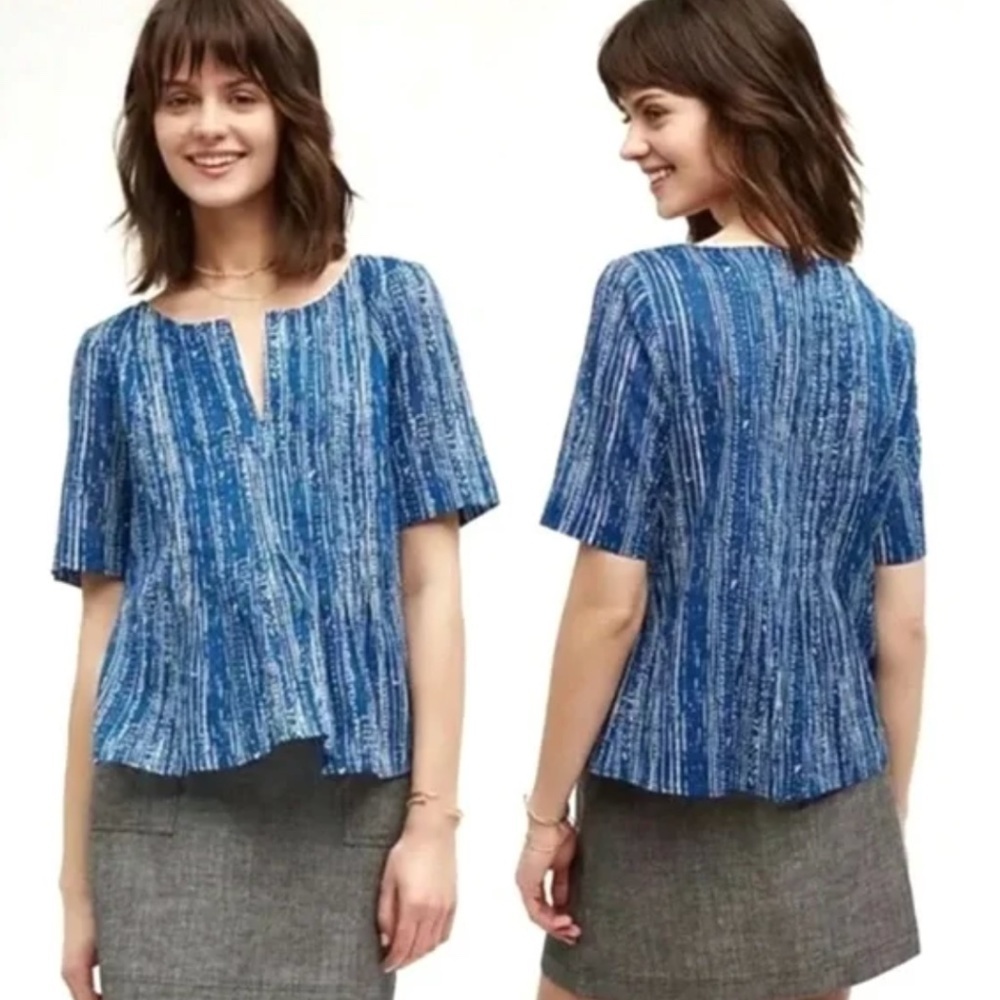 EUC Anthropologie Maeve Blue Orchid Island Short Sleeve Boho Blouse Size 4